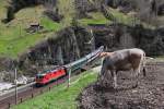 Eine Re 4/4 mit einem IR am 25.04.2012 bei Wassen an der Gotthardstrecke.