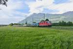 Abschied des lokbespannten Rheintal Express: RE 3827 mit der Re 4/4 II 11210 bei Weite. Planmssig verkehren die RE mit 4 Wagen, zur HVZ werden div. Zge verstrkt. Jeweils 1 Zugspaar am Morgen und eines am Abend wurde mit 5-Wagen verstrkt (im Bild ist der  Abend  Zug), 07.06.2013.

