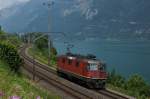 Re 4/4 II11168 fhrt am 10.07.2013 solo dem Walensee entlang.