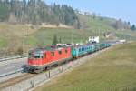 Re 4/4 II 11133 (ex. Swiss Express) mit der S 18050 zwischen Einsiedeln und Biberbrugg. Drei Wagen wurden in Einsiedeln abgestellt, nun fhrt die Komp nach Zrich Altstetten, wo 4 weitere Wagen angehngt werden. Spter fahren dann die 7 Wagen zurck nach Einsiedeln, wo noch einmal 3 angehngt werden. Am nchsten Werktag fahren dann die 10 Wagen wieder am Morgen wieder nach Zrich, und das Spiel beginnt von vorne, 14.03.2014.