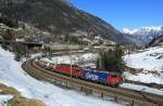 Re420 344 & 11682 round Wattinger Kurve whilst hauling a southbound intermodal train, 19 Feb 2015