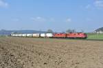 Re 4/4 II 11288 und 11264 mit Gter bei Nebikon, 19.03.2015.