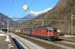 11683, Re420 346, 11345 & 11671 pass Biasca whilst hauling a southbound intermodal train, 20 February 2015