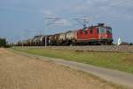 SBB: Re 4/4 11247 mit einem langen Kesselwagenzug bei Niederbipp auf der Fahrt zur Raffinerie de Cressier SA in Cornaux NE am 11.