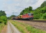 Re 4/4 11190 mit einem Bauzug am 14.06.2014 bei Mellingen.