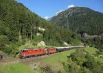 11191 & 11247 pass the top tier at Wassen whilst hauling train 13467, the VSOE from Basel to Venezia Santa Lucia, 26 Sept 2016