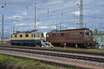 Am 20.03.2023 stehen die Loks 421 387-2 om Rheingold Look und die Re 425 179 auf einem Abstellgleis beim badischen Bahnhof.