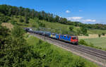 Re 421 374 + Re 420 502 mit einem Kesselzug am 07.06.2023 bei Villnachern.