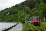 Es spriet wieder neben und zwischen den Gleisen am Lochauer Bodenseeufer. Am 03.05.2019 zieht Re 421 379-9 die Wagen des EC 196, Mnchen - Zrich, und erreicht in Krze den Bahnhof von Bregenz.