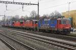 Sehr traurige SBB-Lokparade vom 7. Dezember 2020 in Kaiseraugst.
Re 421 375-7, Re 430 369-9, Re 430 363-2, Re 421 391-4, Re 421 376-5 und Re 421 386-4 auf die baldige Verschrottung wartend.
Foto: Walter Ruetsch