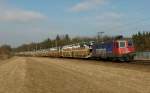 Re 421 392-2 ist mit einem Autozug am 01.03.2012 bei Waghusel