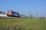 Infolge Lokmangels bei der SOB wurde bei SBB Cargo eine Ersatzlok gemietet. Die Re 421 393-0 dient als Ersatz fr eine Re 446 am Voralpen-Express. Im Bild ist sie an der Spitze des VAE IR 2412 oberhalb von Samstagern. Am Zugschluss schiebt die Re 446 015-0, 14.03.2014.