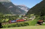 Re 421 388 + Re 6/6 11681 mit KLV Zug am 30.06.2015 bei Erstfeld.