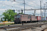 Doppeltraktion, mit den BLS Loks 425 179 und 425 195, durchfahren den Bahnhof Pratteln.