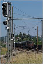 Die BLS Re 4/4 173 passiert bei Altmarkt das Ausfahrtsignal der WB.