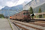 bls 425 191, 425 179, eine unbekannt gebliebene Re 425 und 936 132-0 stehen in Kandersteg abgestellt.