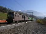 Re 4/4 172 und eine Schwester bei der talfahrt auf der Ltschberg-Nordrampe mit einem Hanggartnerzug kurz vor der Station heustrich-Emdthal am 03.11.2007.