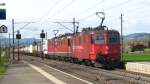 Die CR Re 436 115 zieht mit zwei angemieteten SBB-Loks einen CZ durchs Aaretal bei Kiesen am 13.04.2011