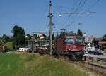 SBB: Re 430 350-9 anlässlich der Bahnhofsausfahrt Sumiswald-Grünen mit einem Leermaterialzug am 19. Juni 2017.
Foto: Walter Ruetsch 