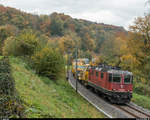 Re 4/4 III 11359 mit einem Güterzug mit eingereihter Baumaschine am 20. Oktober 2017 zwischen Rümikon und Kaiserstuhl AG.