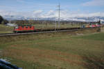 SBB CARGO:
Am  trüben Morgen des 9. Februar 2019 wurde dieser fotogene Güterzug mit der Re 430 355-8 bei Bollodingen verewigt. Während sich der Schnee in dieser Gegend bereits verabschiedet hat, präsentiert sich im Hintergrund wenigstens die erste Jurakette hinter dem Gewölk noch in  WEISS .
Foto: Walter Ruetsch