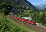 Eine Re 20/20 mit einem Containerzug am 29.08.2012 unterwegs bei Wassen.