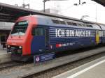 SBB S-Bahn Zrich - 450 053-4 mit Spruch ICH BIN AUCH im bahnhof von Rapperswil am 15.02.2008