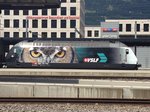 Re 460 105 mit VSLF Werbung am 12.7.2014 in Chur.