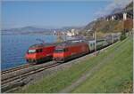 Zwei IR 90 begegnen sich kurz nach Villeneuve. Den Zug nach Genève Aéroport schiebt die SBB Re 460 056-5  Atelier Idustriel Yverdon les Bains  und den Gegenzug nach Brig zieht die SBB Re 460 025-5  Striegel . 

14. November 2024