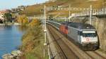 IR 1719 mit zwei Re 460 Richtung Brig bei Rivaz.
27. Oktober 2009 
