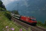 Am 10.07.2013 zieht die Re 460 084-7 den IR 1771 dem Walensee entlang Richtung Sargans.