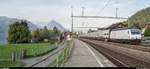 SBB Re 460 113 mit Werbung für 100 Jahre SEV mit einem IC 61 Interlaken Ost - Basel SBB am 14. September 2019 bei der Durchfahrt im Bahnhof Leissigen.