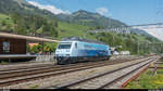 Loktaufe Re 465 016 auf den Namen  Stockhorn  zum 50-jährigen Jubiläum der Stockhornbahn am 5. Mai 2018.<br>
Die Lok verlässt Erlenbach im Simmental nach erfolgter Taufe wieder in Richtung Spiez.