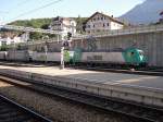 Berner Oberland 2007 - Drei verschiedene Loks hat es am 12.07.2007 vor einer Rollenden Landstrae im Bahnhof von Spiez.