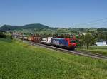 Die Re 474 002 mit einem KLV-Zug am 27.05.2017 unterwegs bei Frick.