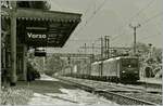 Die SBB Re 474 013 und eine weitere sind (bei kräftigem Gegenlicht) mit einem Güterzug Richtung Brig bei Varzo unterwegs.