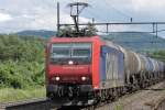 482 010 mit leeren Kesselwagen im Bhf. Hornussen/AG unterwegs nach Basel 21.6.2007