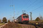 Am 31.10.2017 bespannte Re 482 022-1  Alpäzähmer  einen langen Tankcontainerzug in Richtung Süden, als sie bei Müllheim (Baden) durchs Markgräflerland fuhr.