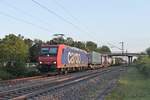 Am Abend des 23.05.2019 fuhr die Re 482 025-4 mit einem Containerzug aus Italien südlich vom Haltepunkt Buggingen über die KBS 703 durchs Rheintal in Richtung Freiburg (Breisgau).