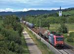 482 009 fuhr am 21.06.2020 mit einer Reihe Kesselwagen, unterbrochen von Taschenwagen durch die Landschaft von Denzlingen (Bild bearbeitet; 16:34 Uhr).