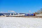 482 018 SBB Cargo und 482 008 SBB Cargo mit einem Gaskesselzug bei Karlstadt Richtung Würzburg, 12.02.2021