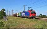 Containerzug (Bertschi AG) mit Re 482 027-0 überquert in Halle (Saale) die Leipziger Chaussee (B 6) Richtung Abzweig Thüringer Bahn.