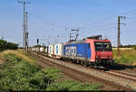 Re 482 003-1 unterwegs mit (Kessel-)Containern in Großkorbetha in nördlicher Richtung.