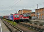 Internationales Treffen im Bahnhof von Passau am 15.09.2010. Die SBB Cargo Re 482 040-3 zieht ihren Containerzug an der BB 1144 013 vorbei. (Hans)