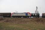 Railpool 482 042-9 fr SETG und H-Wagen-Zug in Fahrtrichtung Sden bei Zugbegegnung mit einem nach Norden fahrenden Kesselwagenzug. Aufgenommen am 30.03.2013 zwischen Bad Sooden-Allendorf und Albungen.