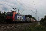 Am 10.08.2014 fuhr SBB Cargo Re 482 025-4 zusammen mit SBB Cargo ES 64 F4-084 (189 984-8) asl Wagenlok und einem Containerzug bei Müllheim (Baden) in Richtung Norden.