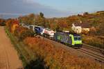 Mit einer RoLa (Freiburg (Brsg) Rbf - Novara) fuhr am 25.10.2015 die Re 485 012-9 durch die Abendsonne bei Müllheim (Baden) gen Basel.