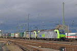 Doppeltraktion, mit den BLS Loks 485 019-4 und 486 502-8, durchfahren den Badischen Bahnhof.