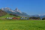 Re 485 006 mit einem Containerzug am 08.04.2017 bei Steinen.