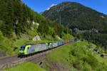 Re 485 008 + Re 485 005 mit einem Containerzug am 21.05.2016 bei Wassen.